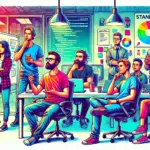 An illustration of a software development team in a daily stand-up meeting, showcasing a mix of focus, humor, and chaos in a modern tech office.