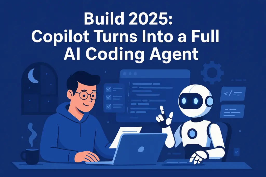A flat-style digital illustration showing a software developer working with a futuristic AI assistant at a modern desk. The AI is interacting with code on a floating screen, symbolizing autonomous coding. The background features tech elements like circuits and data flows, representing AI integration in development.