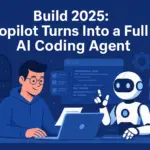 A flat-style digital illustration showing a software developer working with a futuristic AI assistant at a modern desk. The AI is interacting with code on a floating screen, symbolizing autonomous coding. The background features tech elements like circuits and data flows, representing AI integration in development.