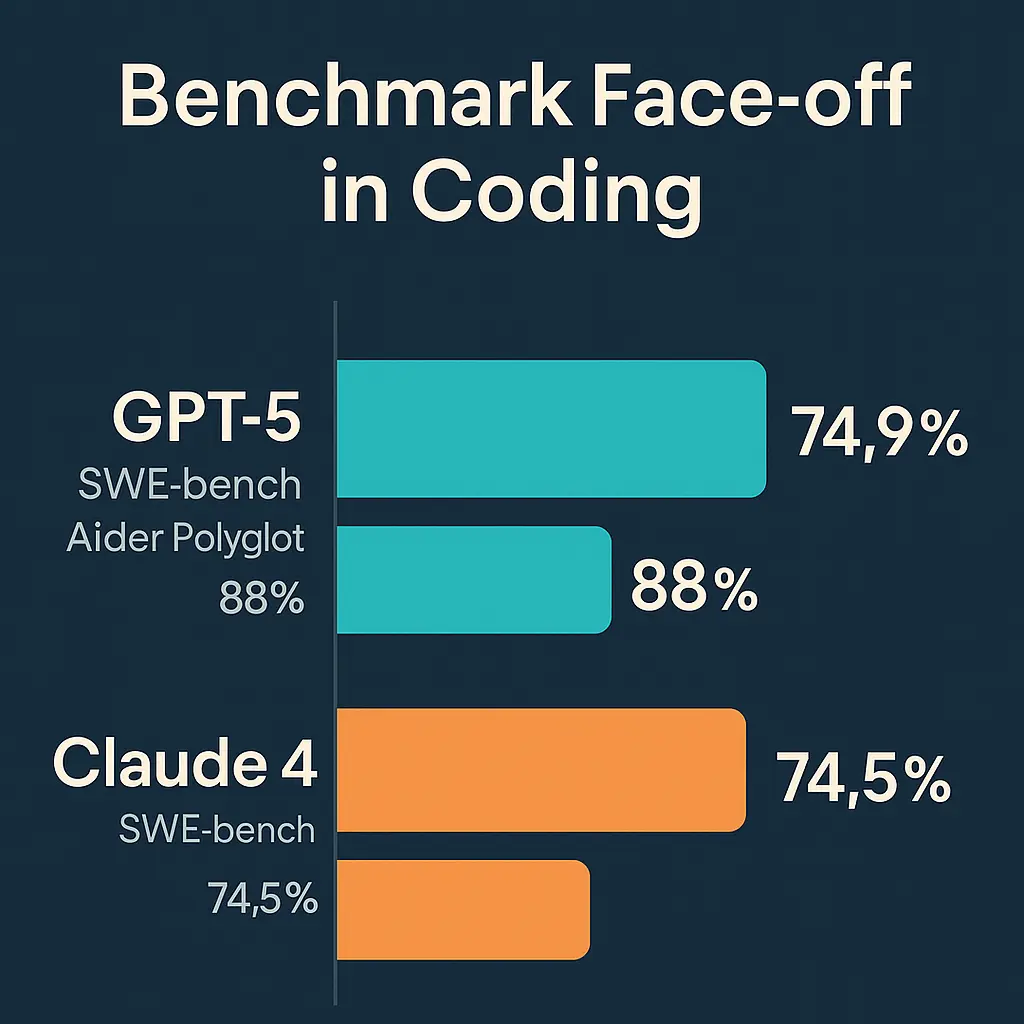 A 2D digital bar chart comparing GPT-5 and Claude 4.1 coding performance benchmarks, including SWE-bench and Aider Polyglot scores, highlighting their near-identical results for developers.