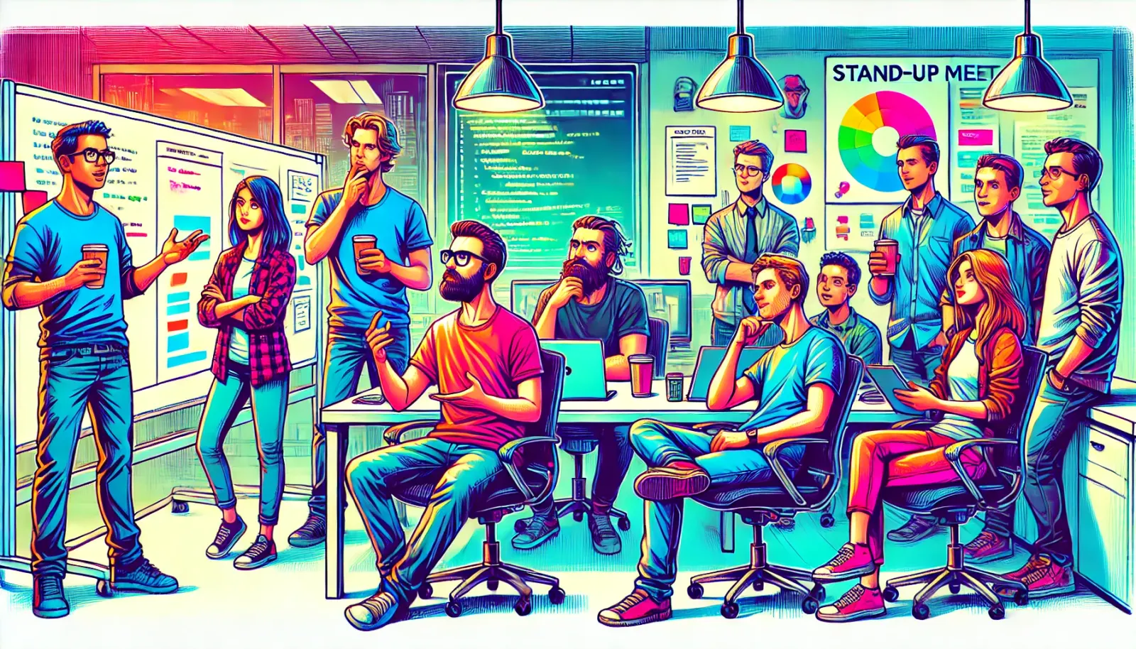 An illustration of a software development team in a daily stand-up meeting, showcasing a mix of focus, humor, and chaos in a modern tech office.