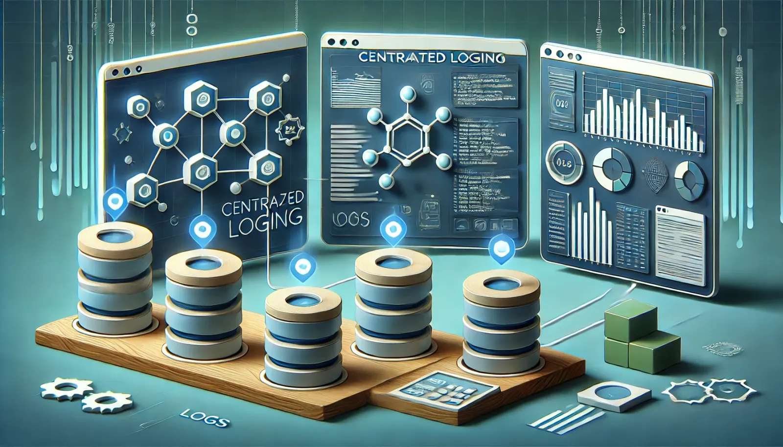 An abstract illustration representing centralized logging, showcasing interconnected microservices with data flowing into a unified dashboard displaying graphs and logs. The image emphasizes software development and observability, featuring a clean design with a blue, green, and white color palette.