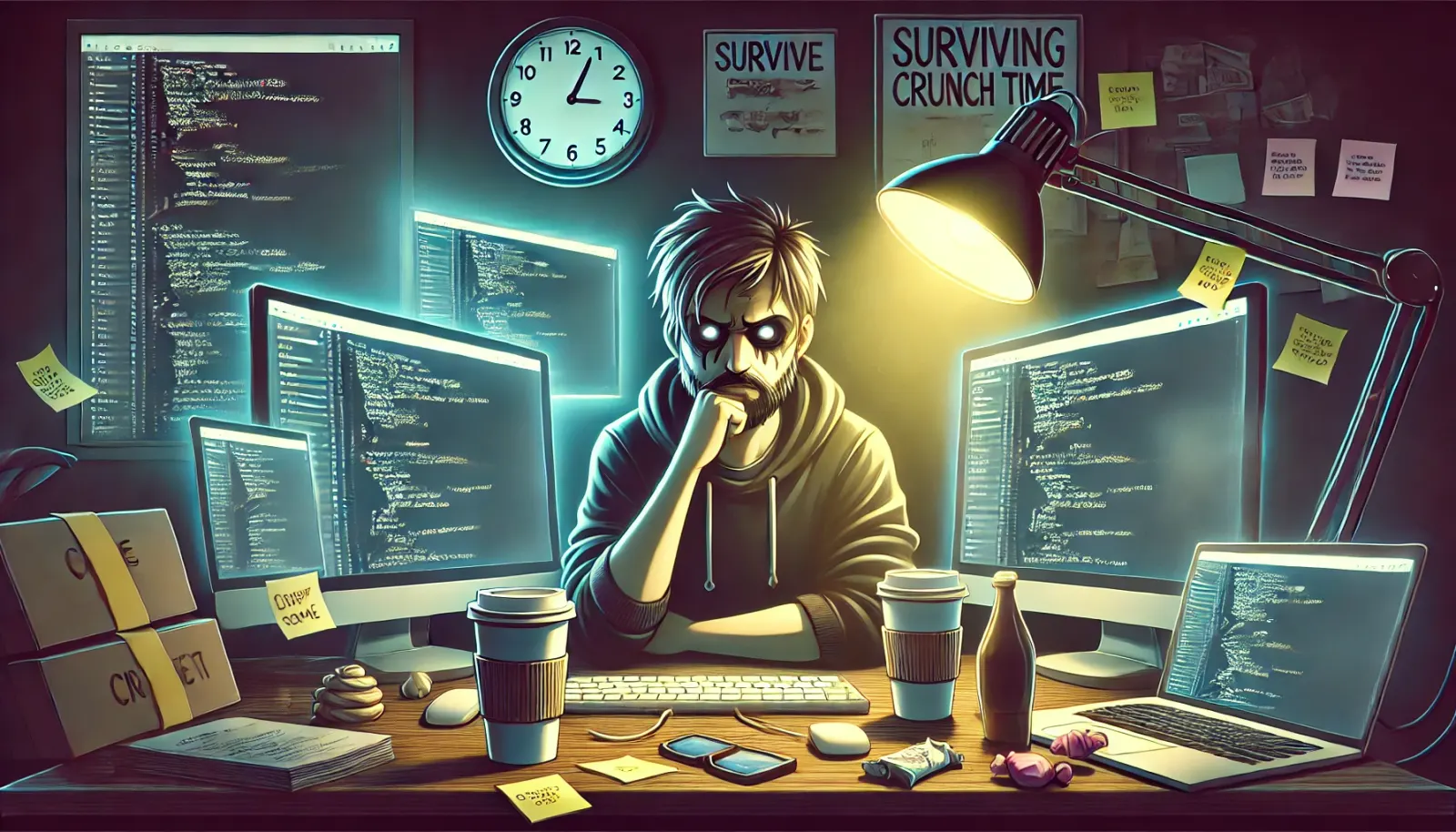How developers survive crunch time: caffeine-fueled focus, bug fixes, teamwork, and humor. Insights into late-night coding and mental endurance.