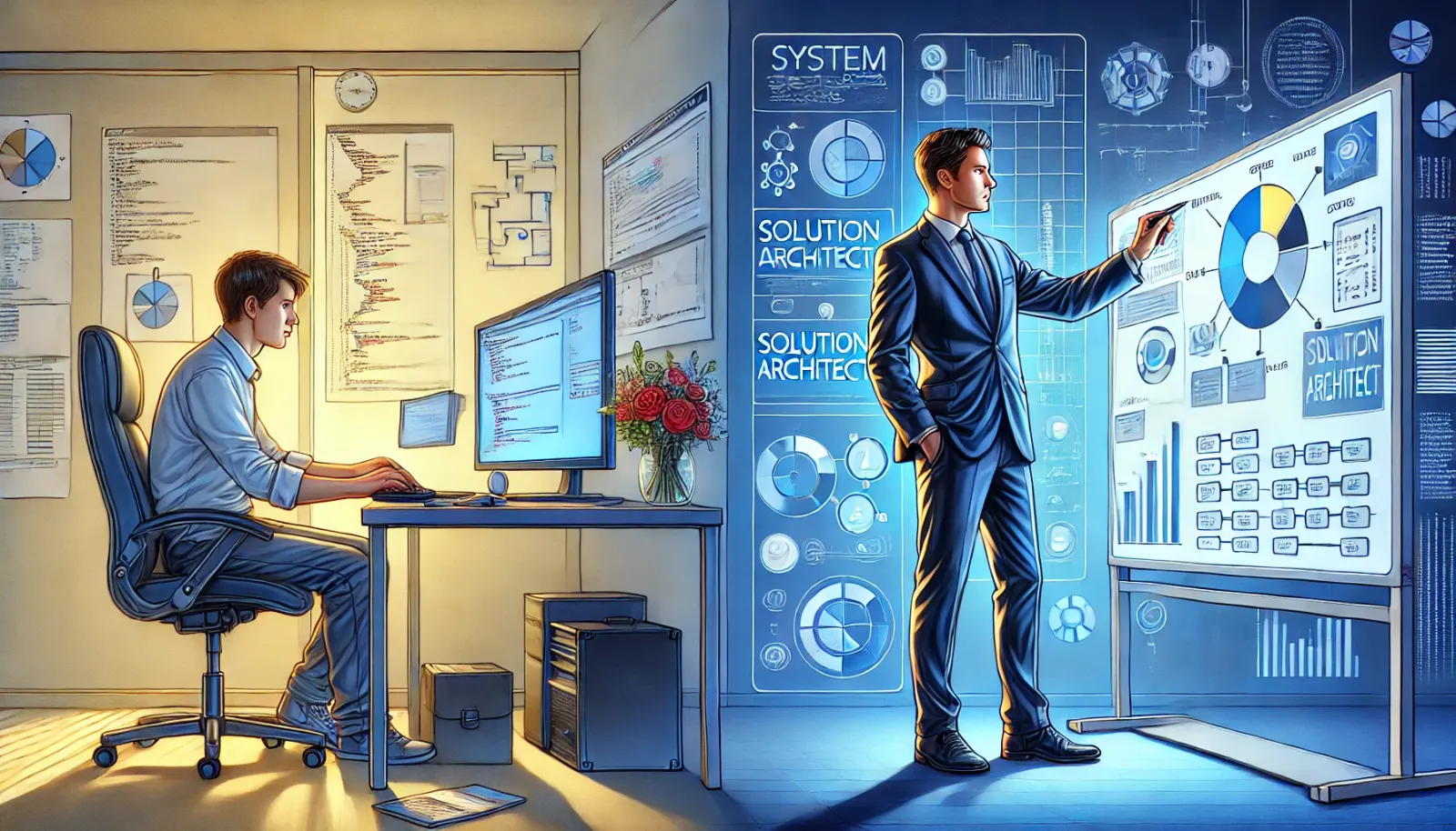 Illustration of a junior developer and a solution architect in a modern high-tech workspace. The junior developer, seated at a desk, is coding on a single monitor, appearing focused yet slightly overwhelmed. On the right, a confident solution architect stands before a large interactive board displaying 3D holographic models, cloud infrastructure, and system architecture elements. The background is sleek and futuristic, with a smooth gradient adding depth. The vibrant color palette enhances the professional and engaging atmosphere