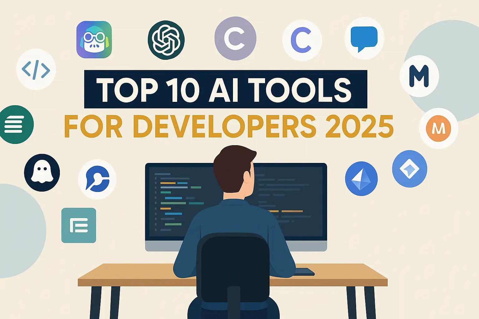 A 2D digital illustration of a developer sitting at a desk with screens showing the text “Top 10 AI Tools for Developers 2025.” Surrounding the developer are neatly arranged icons of 10 distinct AI tools: GitHub Copilot, ChatGPT, Codeium, Tabnine, Sourcegraph Cody, Mutable, Kite, Replit Ghostwriter, Amazon CodeWhisperer, and AutoRegex. The layout is clean, balanced, and presented in a 1280×720 format.