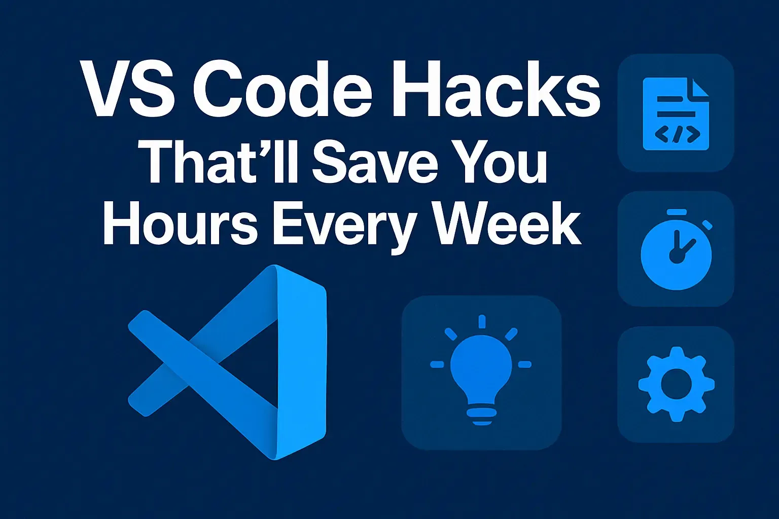 A clean digital graphic featuring the VS Code logo and icons of a stopwatch, lightbulb, gear, and code snippet on a dark blue background. The bold white text reads "VS Code Hacks That’ll Save You Hours Every Week," emphasizing productivity and efficiency for developers.