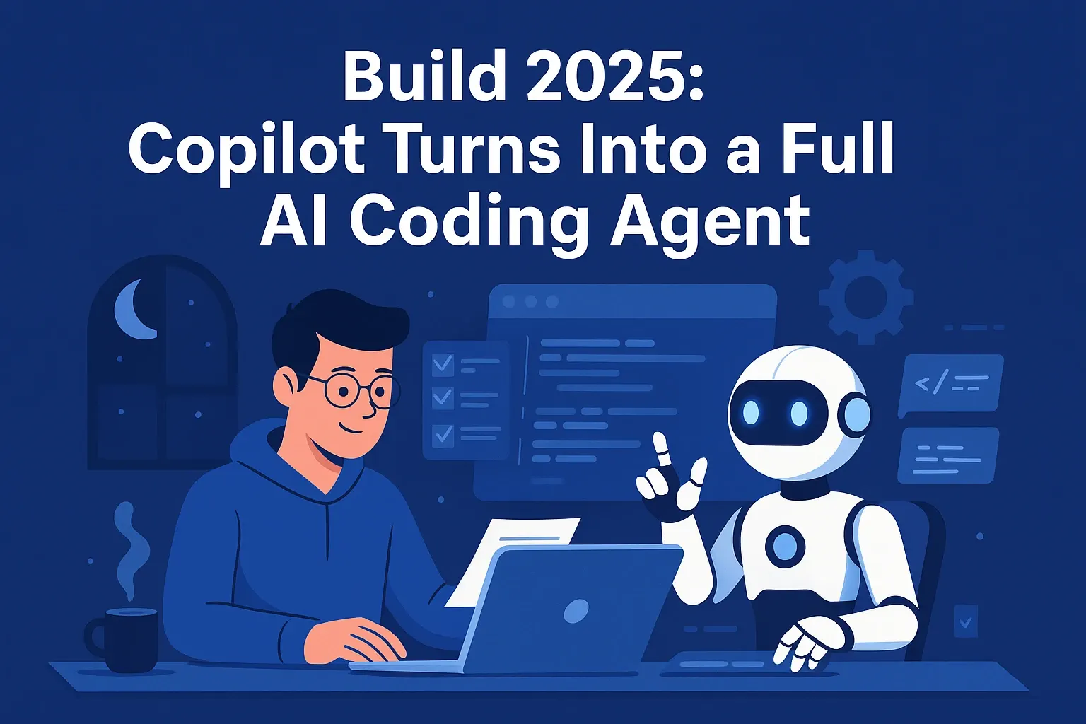 A flat-style digital illustration showing a software developer working with a futuristic AI assistant at a modern desk. The AI is interacting with code on a floating screen, symbolizing autonomous coding. The background features tech elements like circuits and data flows, representing AI integration in development.
